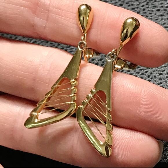 Crown Trifari Modernist Abstract Space Age Atomic Clip On Earrings Wrap Wire MCM - Picture 3 of 15